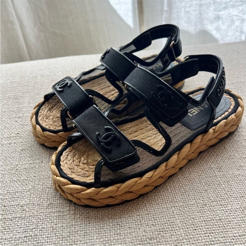 CHANEL Dad Sandals Mesh espadrille and Patent with Raffia sole 36 - Picture 4 of 13